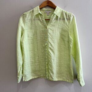 JM Collection Petite Linen Button Up Blouse Womens 12P Lime Green Roll-Tab Sleev